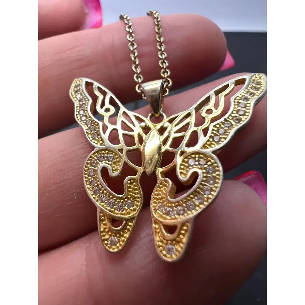 Butterfly CZ gold over sterling silver pendant and chain necklace - Picture 7 of 9